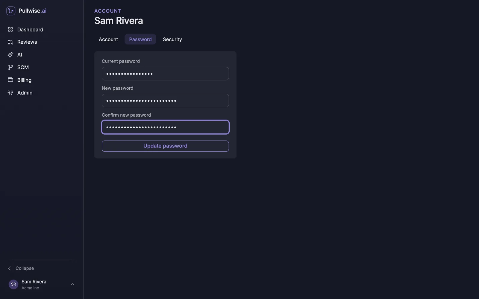 Password tab with current and new password fields