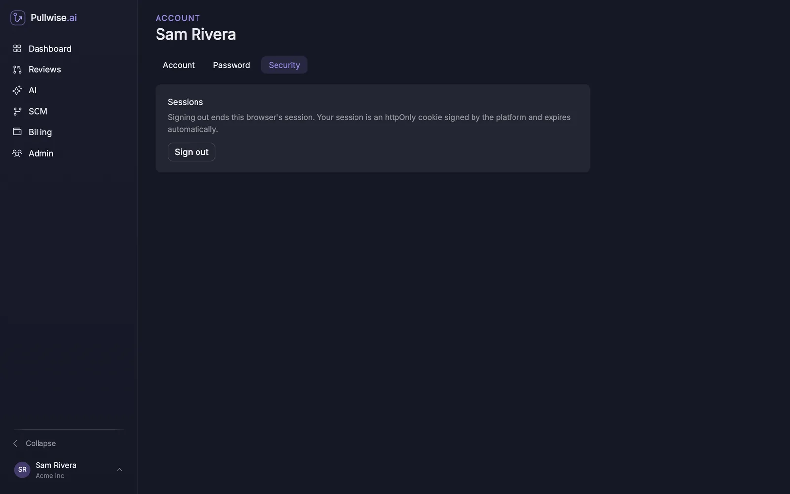 Security tab with a Sessions section and a Sign out button