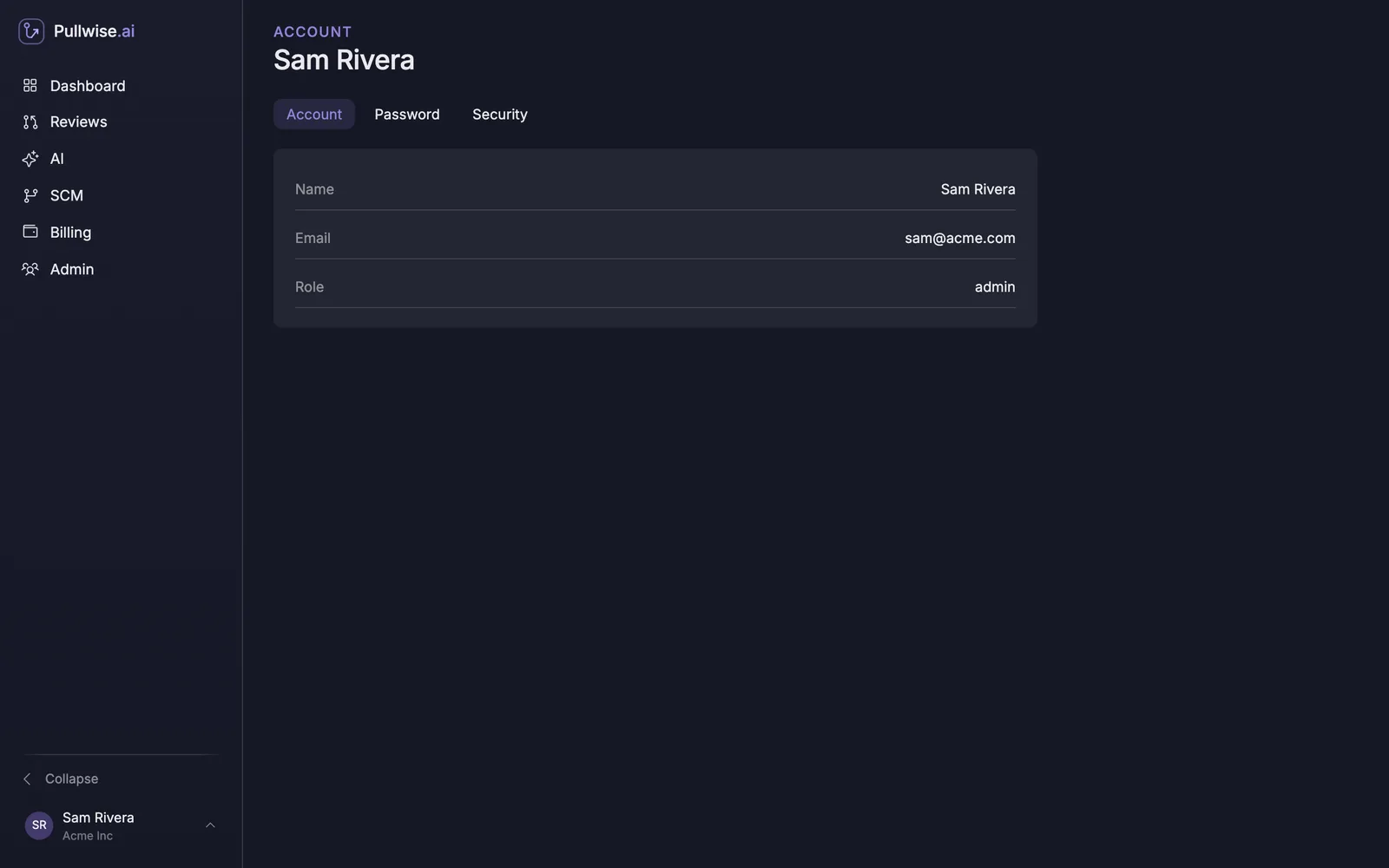 Account tab showing name, email and role