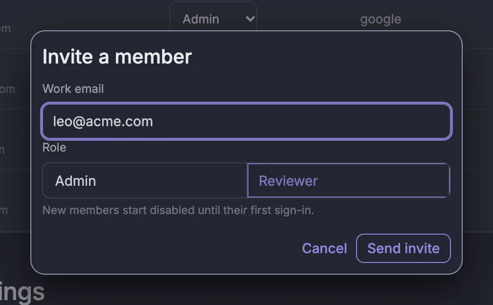Invite a member dialog with work email and a role choice of Admin or Reviewer