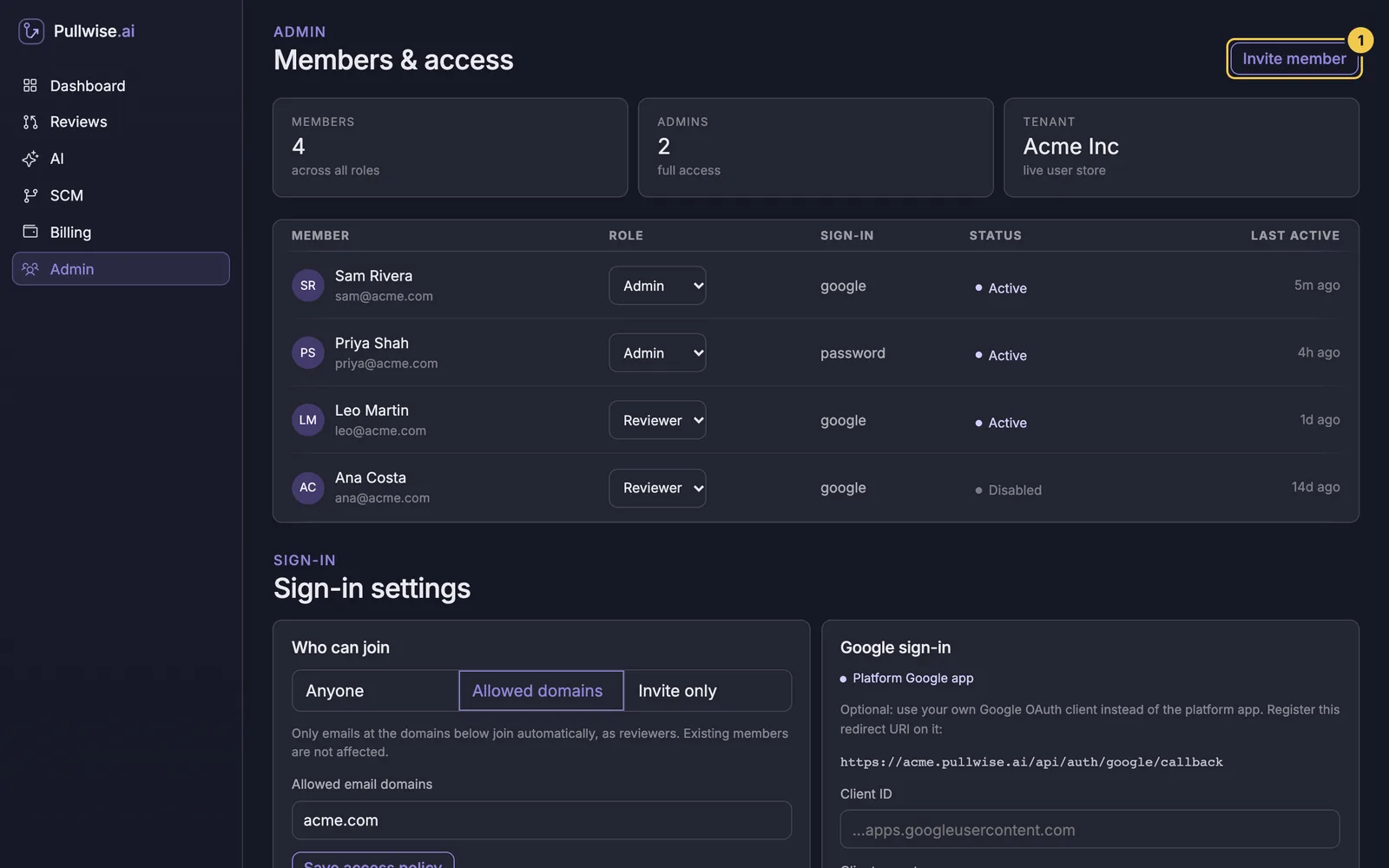 Members and access screen listing four members with their roles, sign-in method, status and last active time