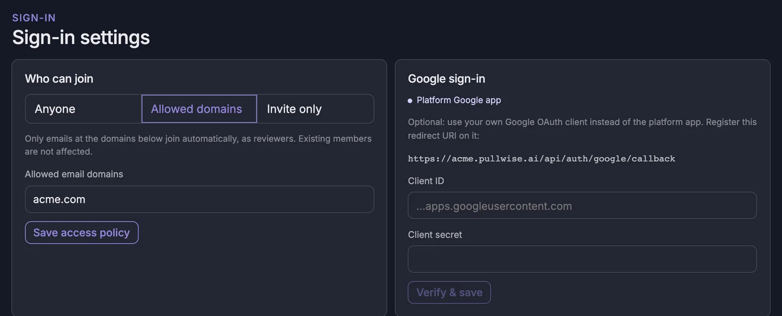Sign-in settings with Who can join set to Allowed domains and the Google sign-in panel