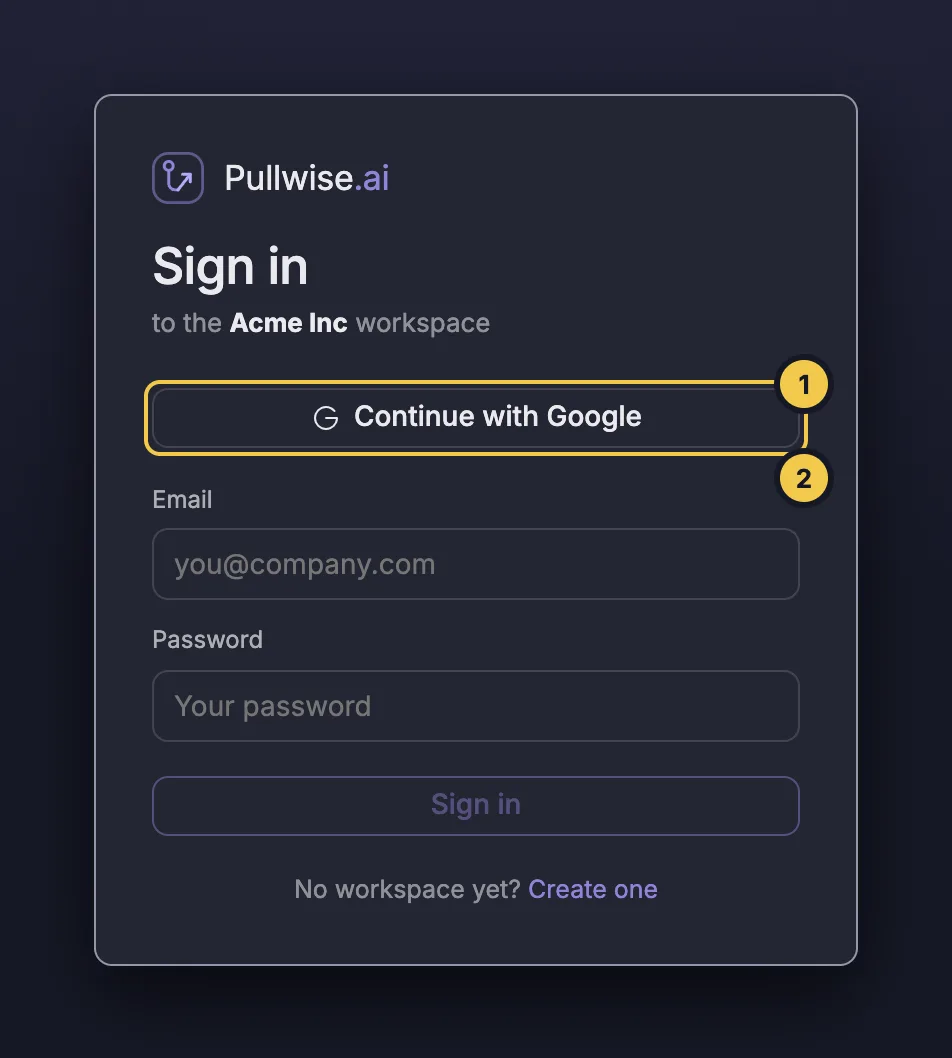 Sign in screen for the Acme Inc workspace with Continue with Google and email and password fields