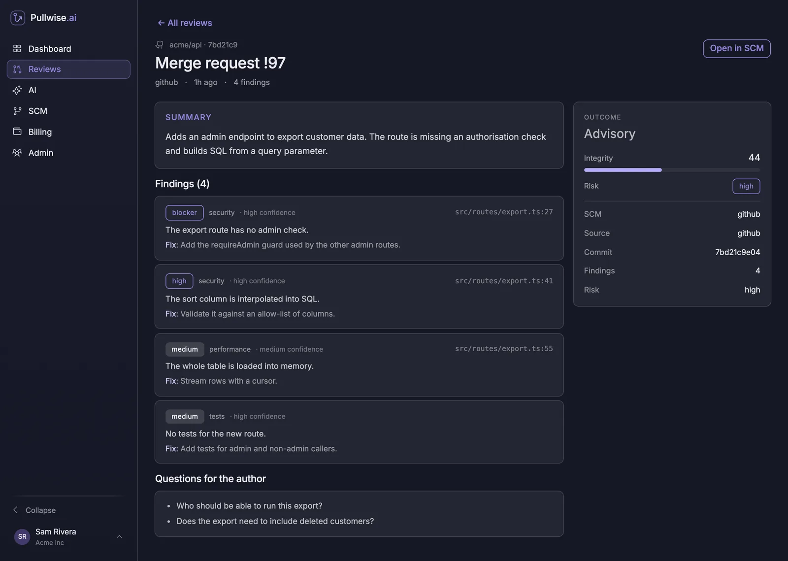 Review detail for pull request 97 with a security blocker and high-risk rating