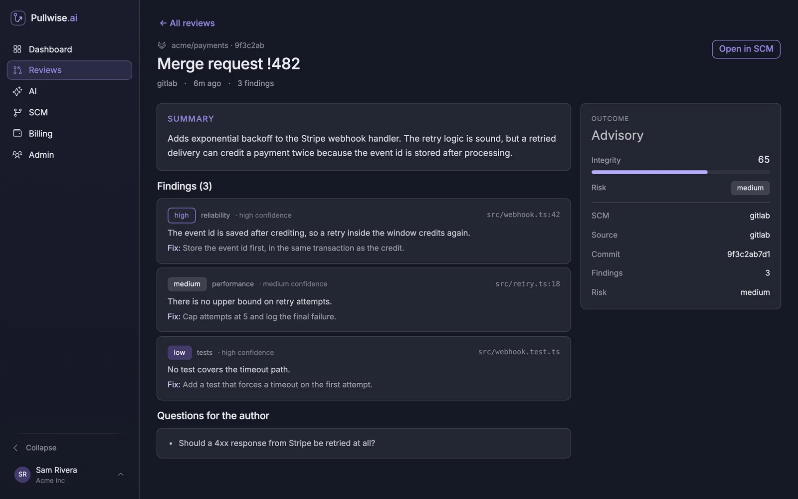 Review detail for merge request 482 with summary, three findings, questions and an outcome panel