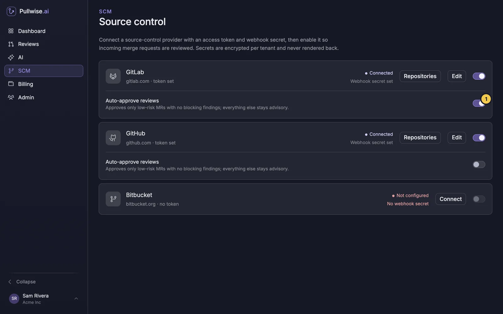 SCM screen with GitLab and GitHub both Connected