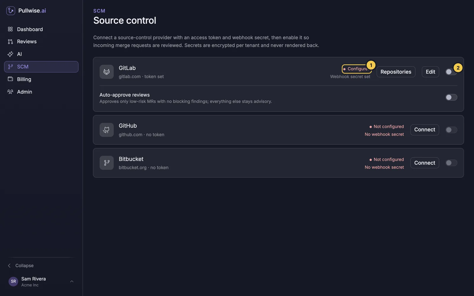 GitLab card showing Configured with the enable switch off