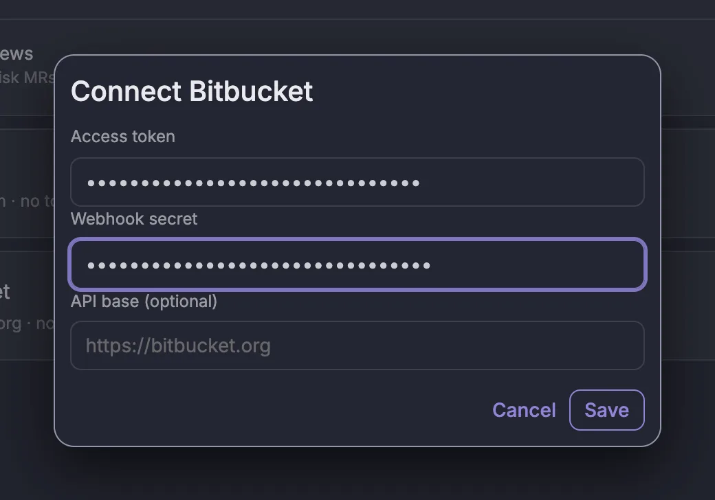 Connect Bitbucket dialog with the access token and webhook secret filled in