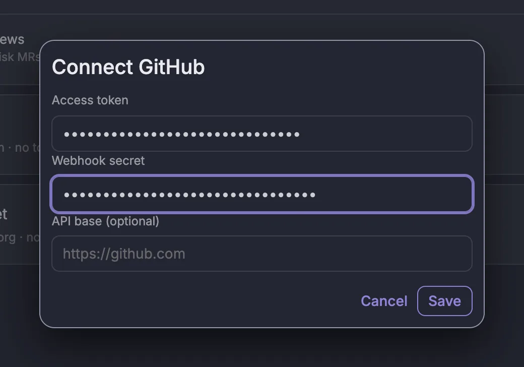 Connect GitHub dialog with the access token and webhook secret filled in