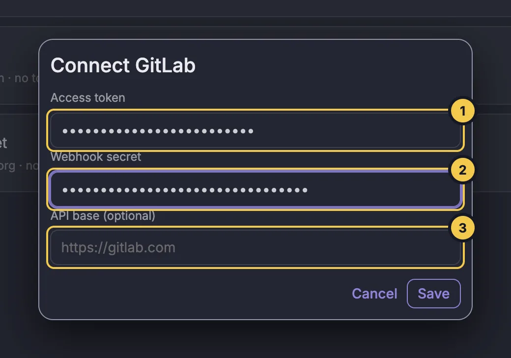 Connect GitLab dialog with access token, webhook secret and API base fields