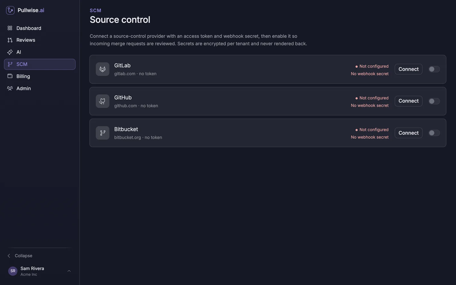 Source control screen with GitLab, GitHub and Bitbucket all Not configured