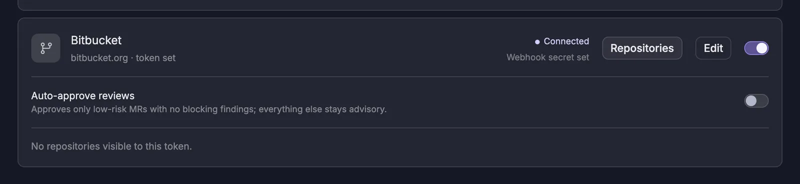 Bitbucket card showing No repositories visible to this token